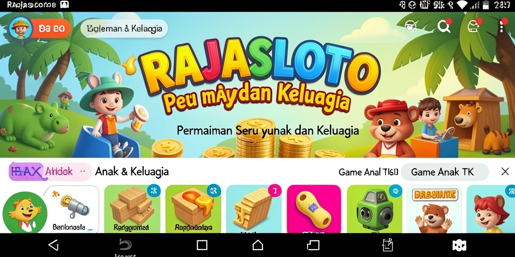 Antarmuka ceria Game Anak TK RAJASLOTO yang interaktif.